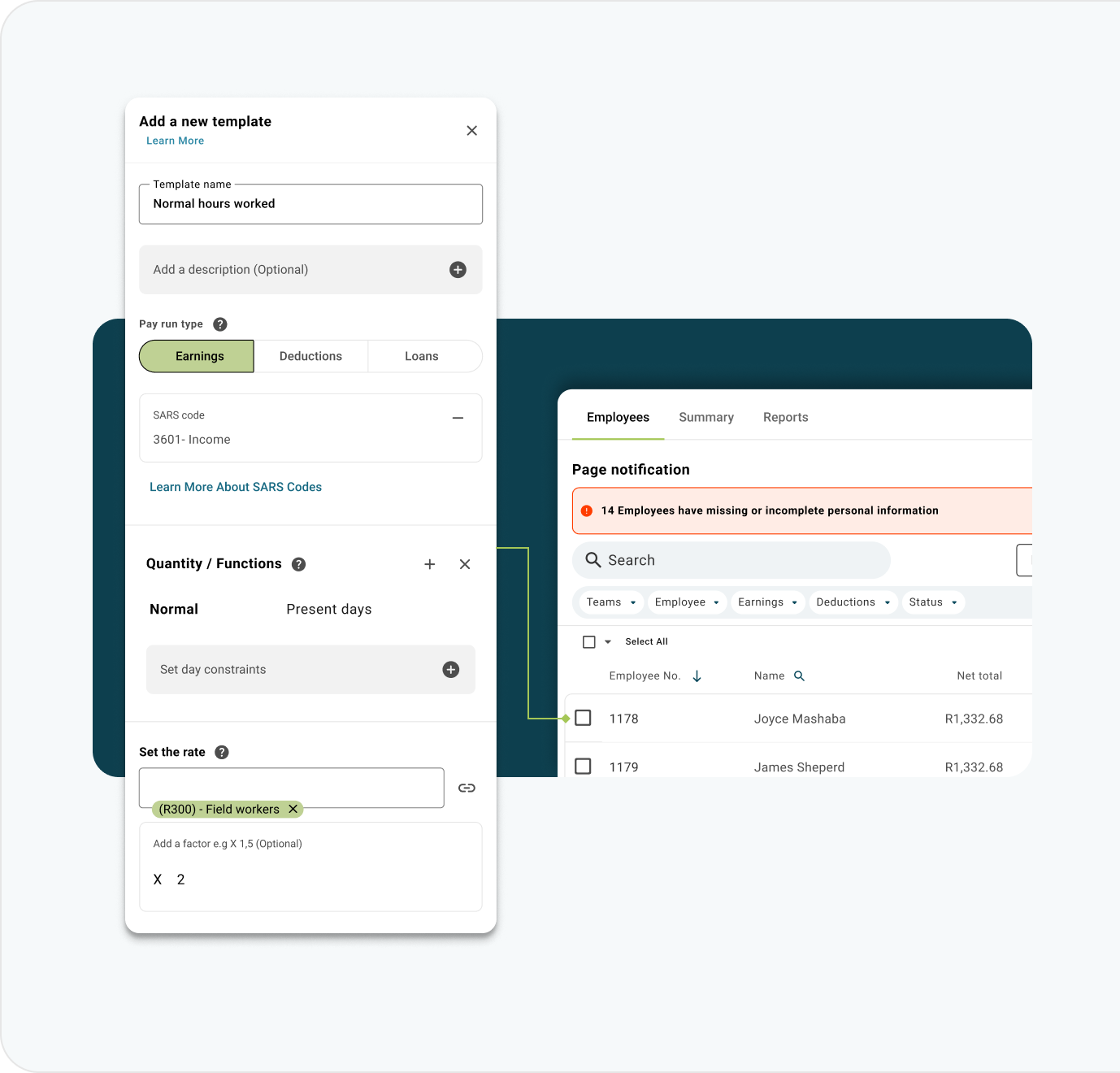 screenshot of hours linked to payroll